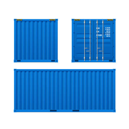 Realistic Detailed 3d Shipping Cargo Container Blue Set. Vectorのイラスト素材