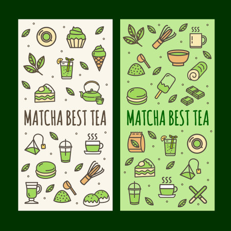 Matcha Tea Banner Vecrtical Set with Color Outline Icons. Vectorのイラスト素材