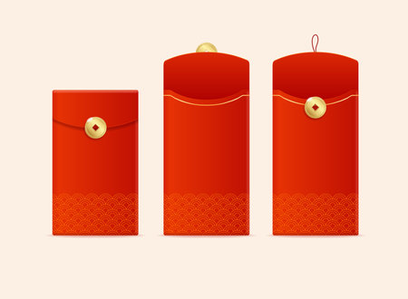 Realistic Detailed 3d Chinese Red Packet or Envelope Set. Vectorのイラスト素材