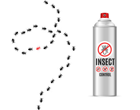 Black Ant Road Trail and Realistic Detailed 3d Mosquito Insect Repellent Bottle. Vectorのイラスト素材