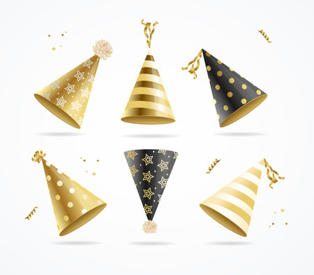 Realistic 3d Detailed Gold Party Hat Set. Vectorのイラスト素材