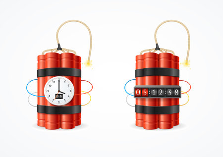 Realistic Detailed 3d Red Detonate Dynamite Bomb Stick and Different Timer Clock Set. Vectorのイラスト素材