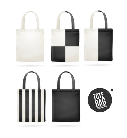 Realistic Detailed 3d White and Black Tote Bag Fabric Cloth Set. Vectorのイラスト素材