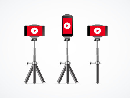 Realistic Detailed 3d Mobile Phone on Different Tripod Stand Set. Vectorのイラスト素材