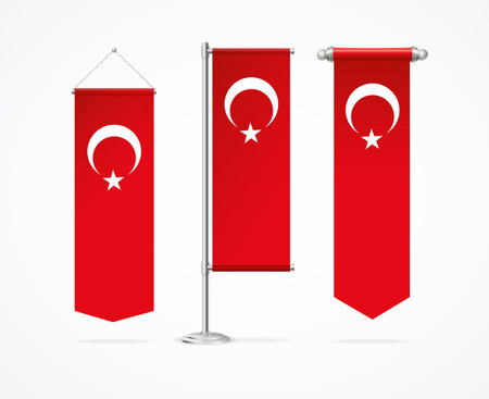 Realistic Detailed 3d Different Turkish Flag Penant Set. Vectorのイラスト素材