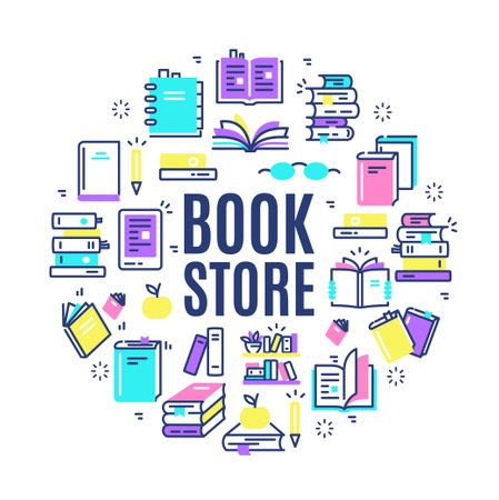 Book Store Round Design Template Thin Line Icon Banner. Vectorのイラスト素材