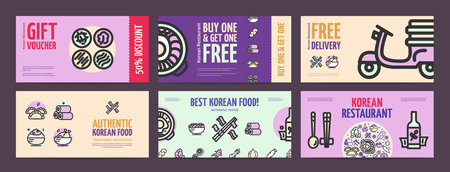 Korean Food Horizontal Gift Voucher Poster Banner Card Set. Vectorのイラスト素材