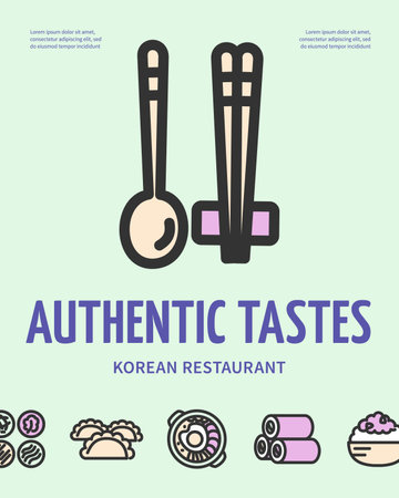 Authentic Tastes Korean Restaurant Placard Poster Invitation Banner Card with Different Dishes. Vectorのイラスト素材