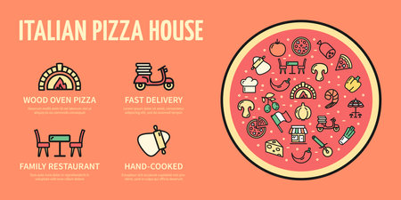 Italian Pizza House Horizontal Placard Poster Invitation Banner Card. Vectorのイラスト素材