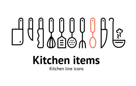 Kitchenware Utensils Sign Thin Line Set. Vectorのイラスト素材
