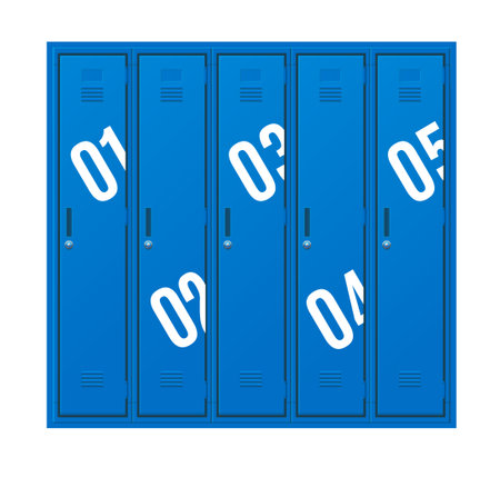 Realistic Detailed 3d Blue School Gym Locker or Fitness Boxes with Numbers Set. Vectorのイラスト素材
