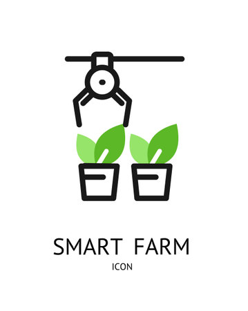 Smart Farm Sign Thin Line Icon Emblem Concept and Plant Seedling in Pot. Vectorのイラスト素材
