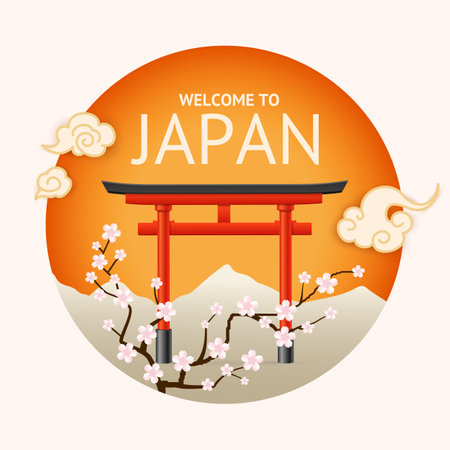 Japan Concept with Realistic Detailed 3d Element Include of Japanese Traditional Red Torii Gate and Blooming Sakura Branch with Flowers. Vector illustrationのイラスト素材
