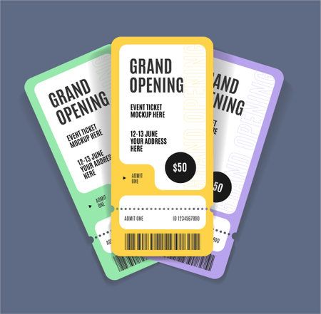 Realistic Detailed 3d Grand Opening Event Three Tickets Mockup Set. Vectorのイラスト素材