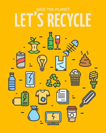 Lets Recycle Sign Round Design Template Color Thin Line Icon Banner. Vectorのイラスト素材