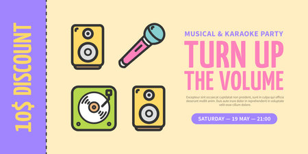 Musical and Karaoke Party Concept Horizontal Placard Poster Banner Card Coupon. Vectorのイラスト素材
