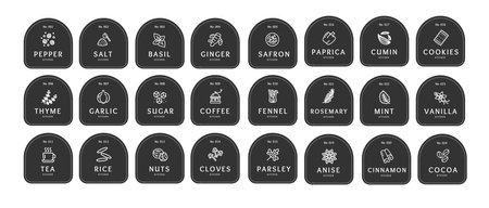 Black Labels for Spices Food Stickers for Marking Jars and Containers Thin Line Set. Vectorのイラスト素材