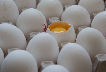 Close up view of raw chicken eggs in a boxの写真素材