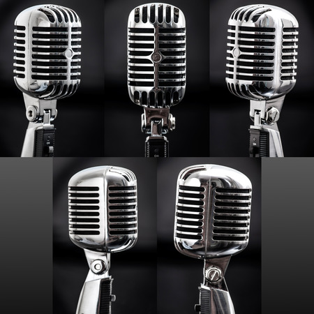 High resolution collage of retro styled chrome microphones from five different anglesの写真素材