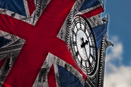 Double exposure image of the Big Ben and the British flag nicknamed The Union Jack, in London, Englandの写真素材