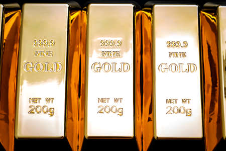 National reserve of gold, financial stability and commodity trading concept with many pure solid...