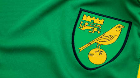 Croydon, UK - March 20, 2021: Illustrative editorial of close up on the official logo of Norwich football team on the primary green and yellow uniform jersey with copy spaceのeditorial素材
