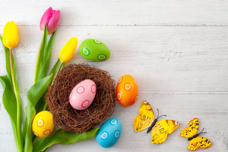 Happy Easter and spring holiday concept theme with top view of dyed easter eggs in a nest, fresh tulips and butterflies isolated on white wood background with copy spaceの写真素材