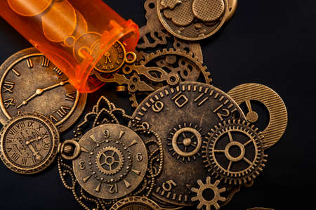 Time cures everything or time heals every pain concept with a bottle of prescription painkiller...