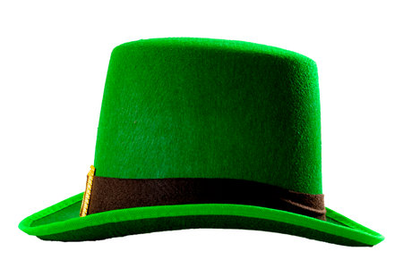St Patricks day meme and March 17 concept with side view of a green parade hat with a belt and buckle isolated on white background with a clip path cut outの写真素材