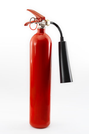 Fire prevention concept with single red under pressure caution dioxide extinguisher isolated on white background with clipping path cutoutの写真素材