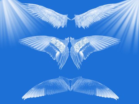 Wings on blue background with white ray of light.の写真素材