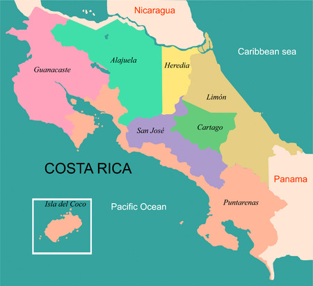 Map of the Republic of Costa Rica with the provinces colored and boudariesのイラスト素材