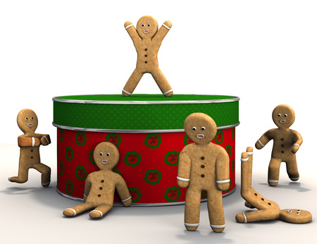 Gingerbread moving around Christmas box.の写真素材