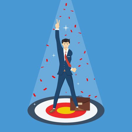 Successful businessman standing on goal with hand gesture the number two. Business breakthrough success concept vector illustrationのイラスト素材