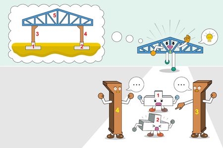 Steps by step installation of structure warehouse bbuildin. Teamwork concept for accurate and successful goals vector illustrationのイラスト素材