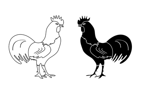 Black and white outline drawing of a rooster on a white background, vector illustrationのイラスト素材