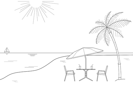 Black and white outline drawing of a striped beach umbrella and the two wooden chairs on a white background, vector illustrationのイラスト素材