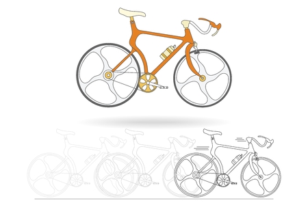 Orange mountain bikes isolated on white background, black and white outline drawing of bicycle, vector illustrationのイラスト素材