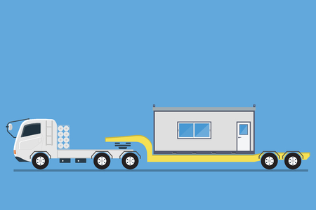 Side view of trailer transporting container office construction site, vector illustrationのイラスト素材
