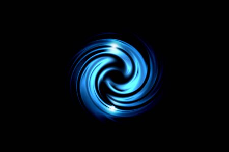 Glowing spiral tunnel with blue vortex on black backdrop, abstract backgroundの写真素材