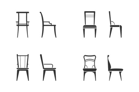 Set of black and white chairs icon. Front view and side view of different chair flat style, vector illustrationのイラスト素材