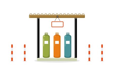 Storage of gas cylinders with red white column bollard isolate on white background. Petroleum fuel tanks, Different colors tanks, vector illustrationのイラスト素材
