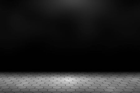Spotlight shining down on gray concrete hexagonal paver blocks in dark road with copy space, abstract backgroundの写真素材