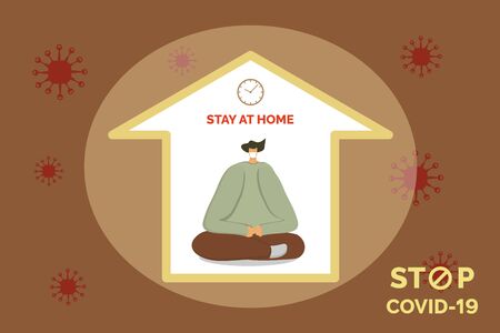 Young man in home mask stay isolation at home for self quarantine. Man in medical mask stay sits  a meditation pose at homeのイラスト素材