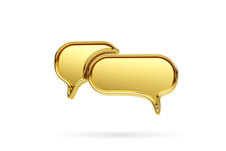 Two blank gold speech bubble pin isolated on white background. Social media notification speech bubble icon. 3D renderingの写真素材