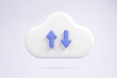 White fluffy cloud with upload icon isolated over light purple background. 3D rendering.の写真素材