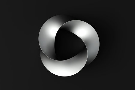 Mobius strip ring sacred geometry. Spatial figure with upturned surfaces. Silver metal ring .Front view of cover design on black background. Minimal art, abstract digital illustration. 3d renderingの写真素材