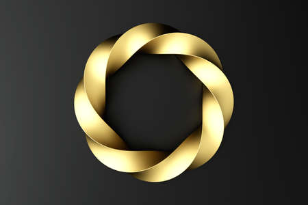 Mobius strip ring sacred geometry. Spatial figure with upturned surfaces. Gold metal ring .Front...