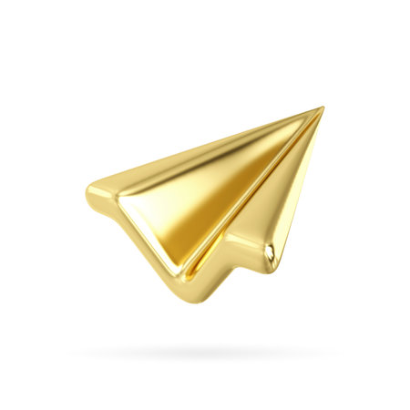 3D gold paper plane. Send email or message concept. Online social media. Realistic design illustration isolated on white background. 3d send icon .3D Renderingの写真素材