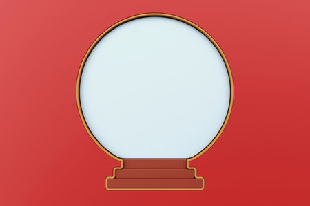 Front of abstract snowball with red background. Red white plastic wall with circle shape, 3d renderingの写真素材